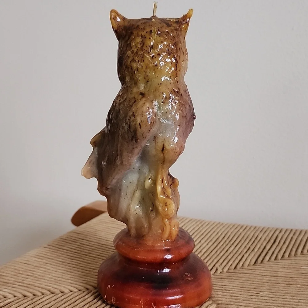 Owl Shaped Candle - Brown and Cream Green Eyes 1970s